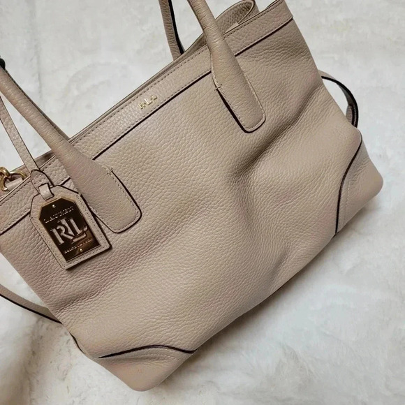 LAUREN RALPH LAUREN Fairfield City Tote Beige Leather Bag Satchel - Picture 2 of 9